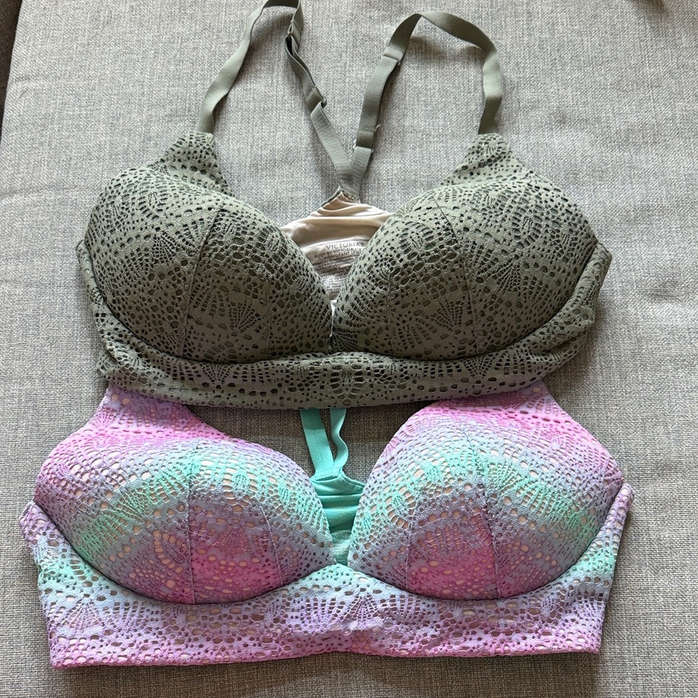 2 Body By Victoria's Secret Lightly Lines Plunge Bra -Olive & Purple/Mint ombré